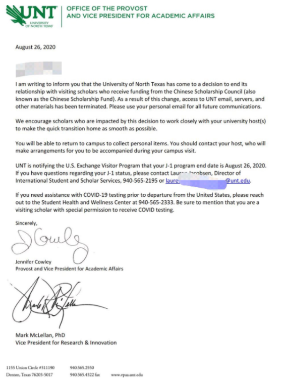 美國北得克薩斯州大學驅趕中方公派留學生，不許帶走任何文件